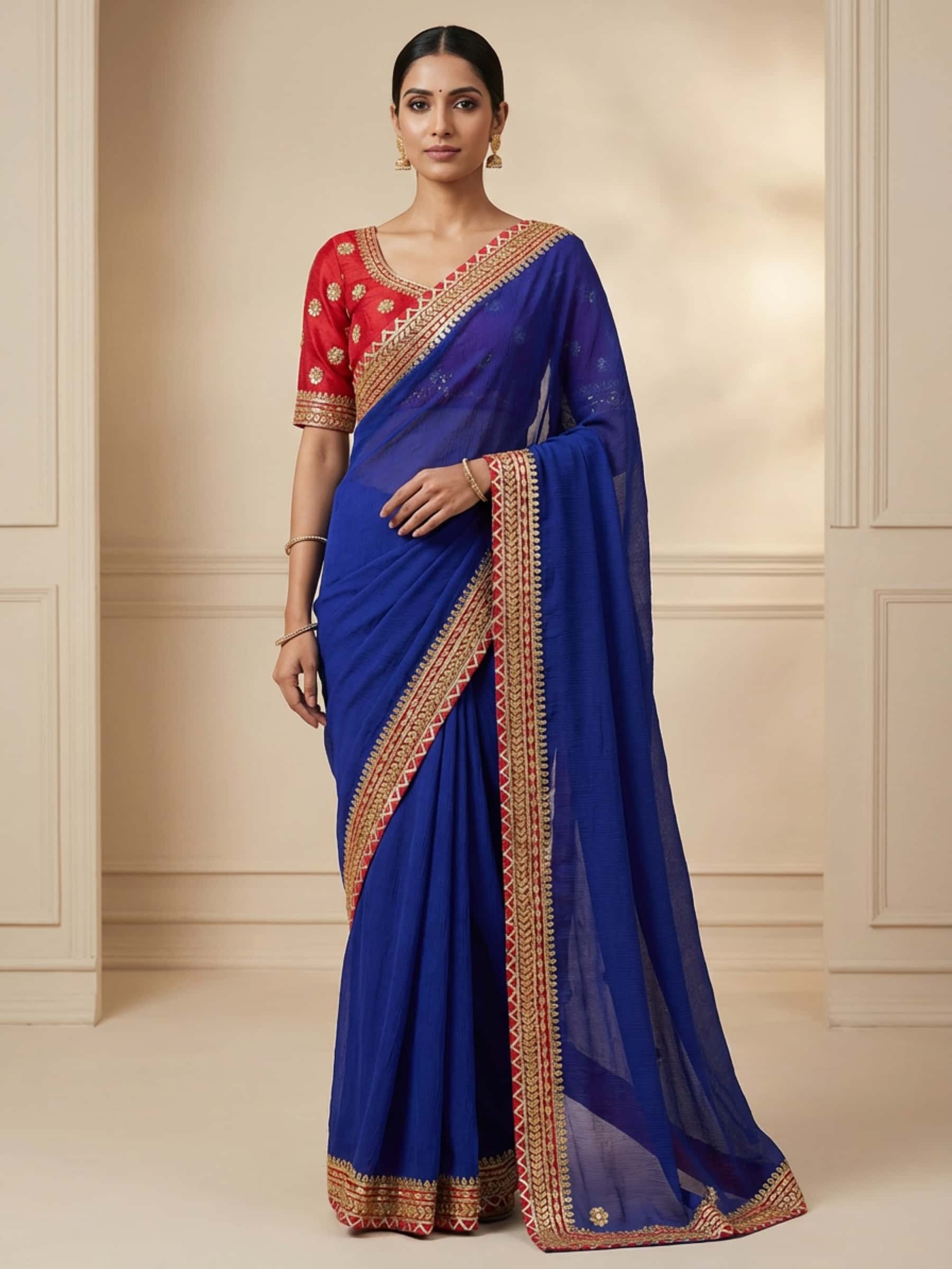 Royal Blue and Red Platinum Chiffon Saree