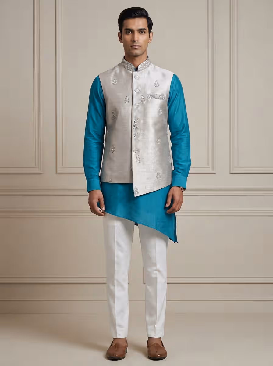 Royal Designer Mens Wear Silver Jacket Set - Image 1