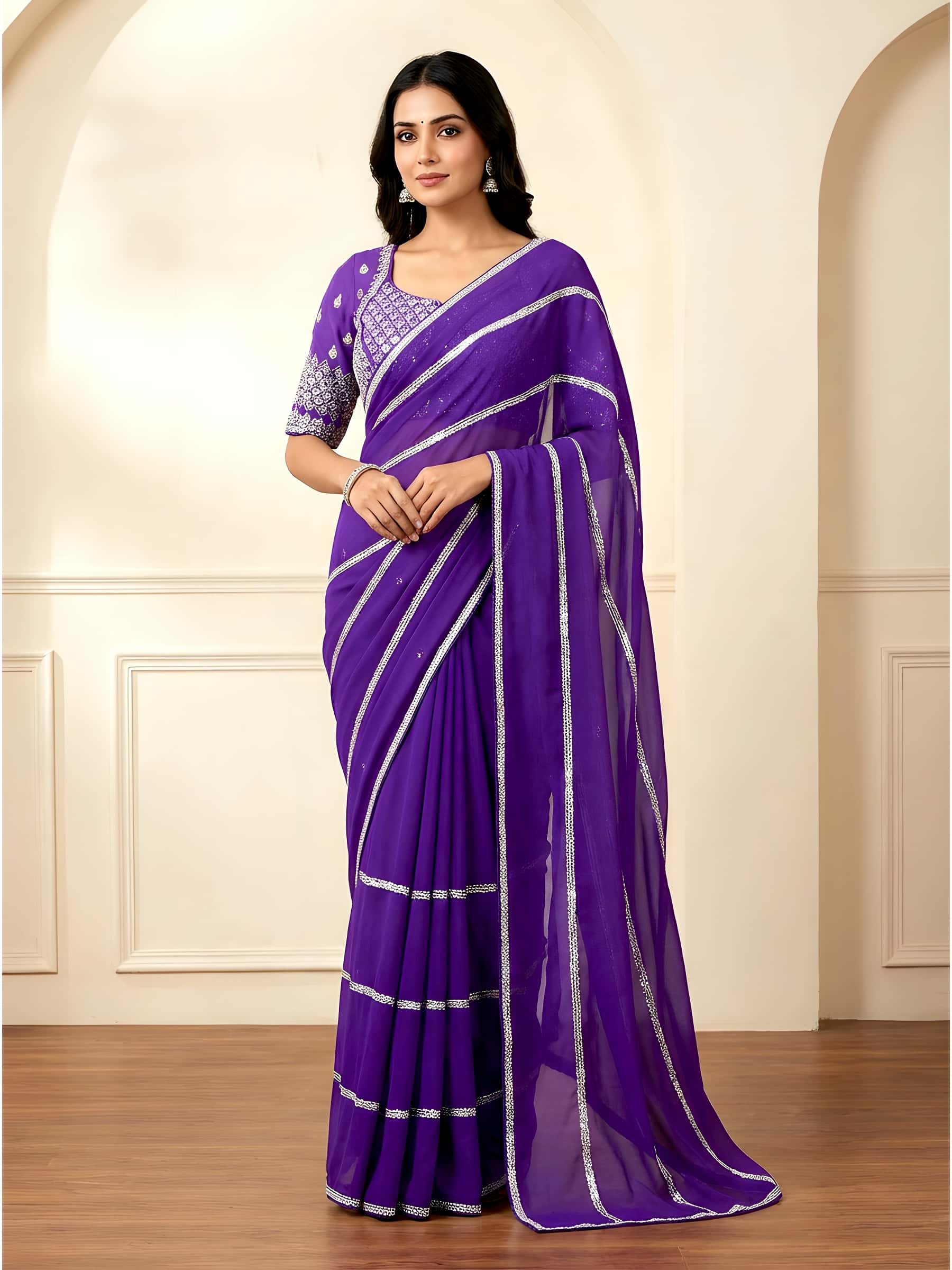 Royal Purple Saree with Heavy Rajput Choli Blouse - Image 1