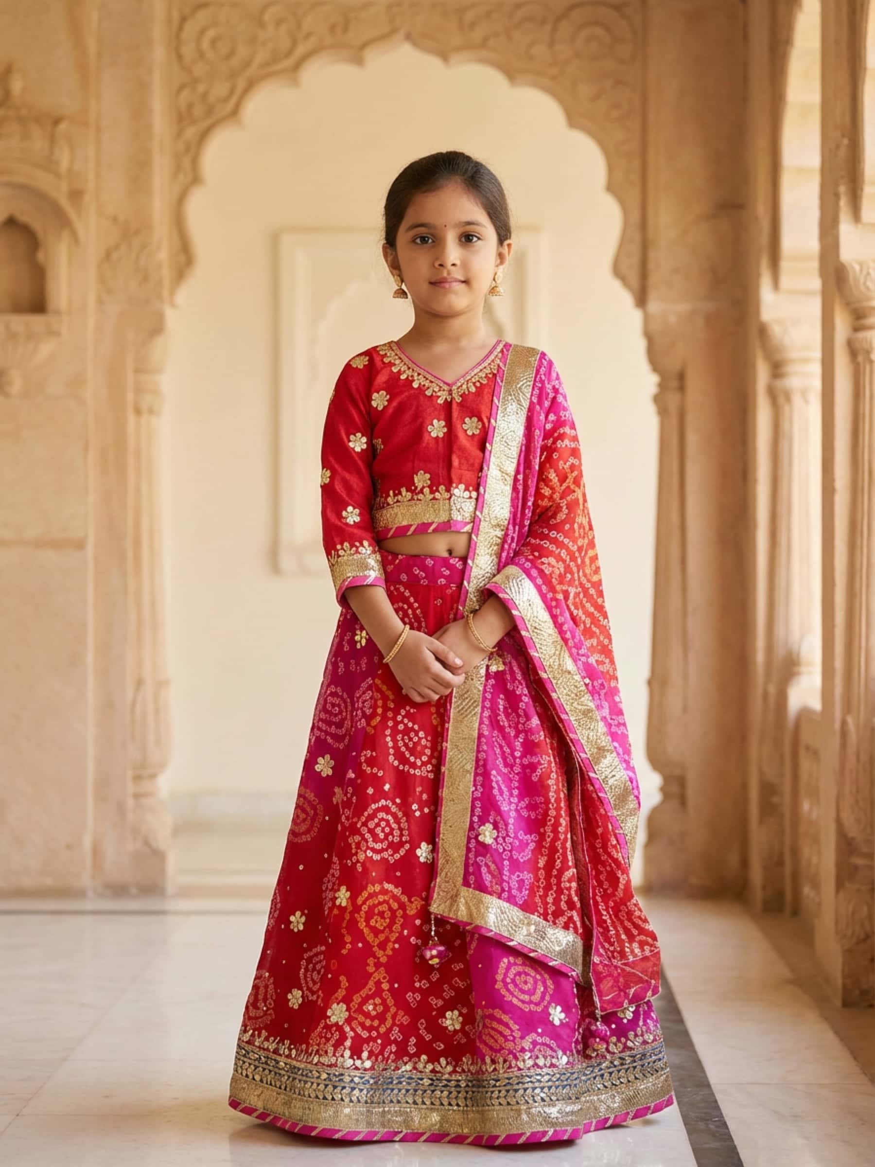 Shaded Red Pink Kids Lehenga. - Image 1
