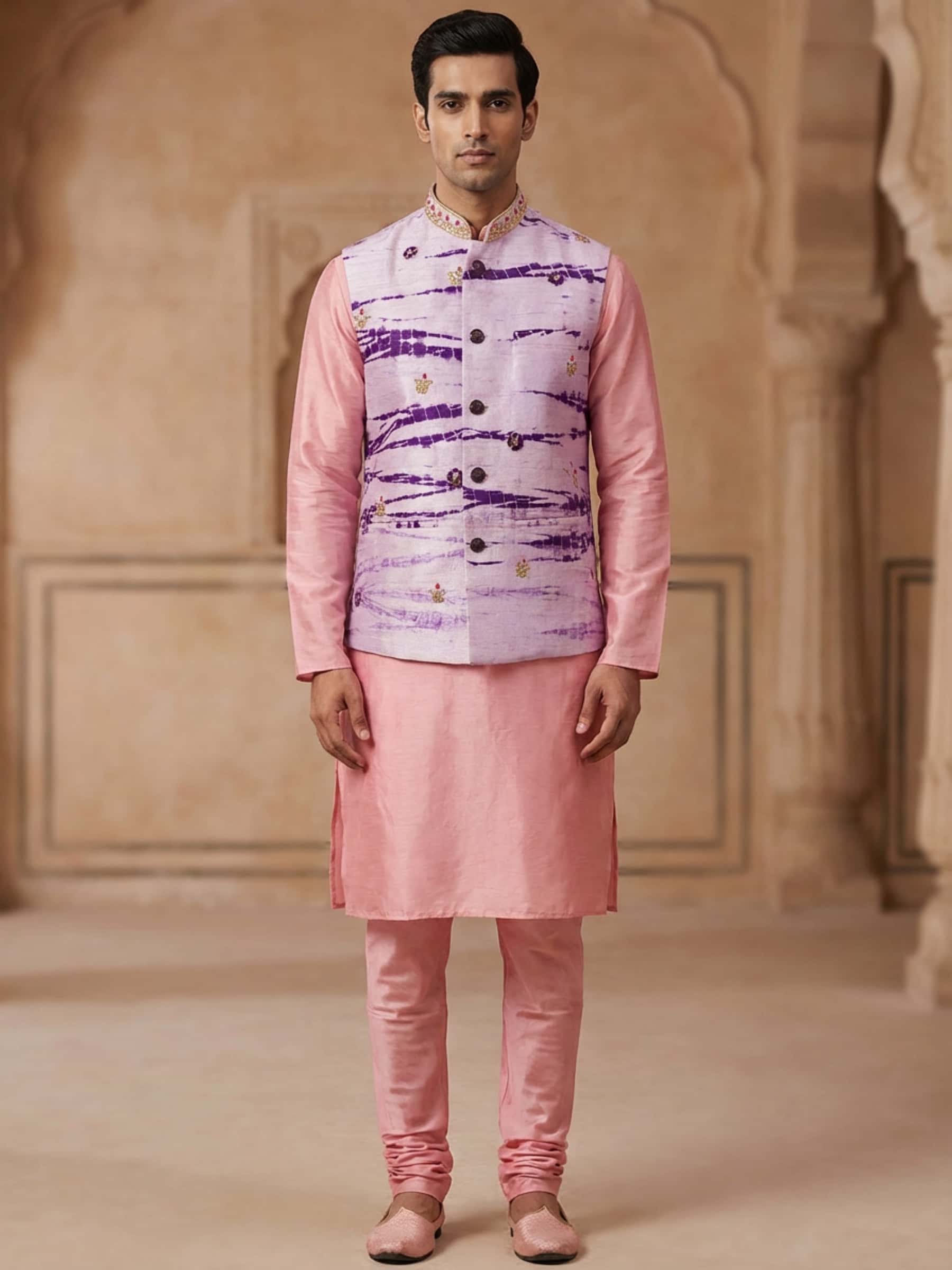 Shibori Purple Jacket with Pink Silk Kurta Set - Image 1