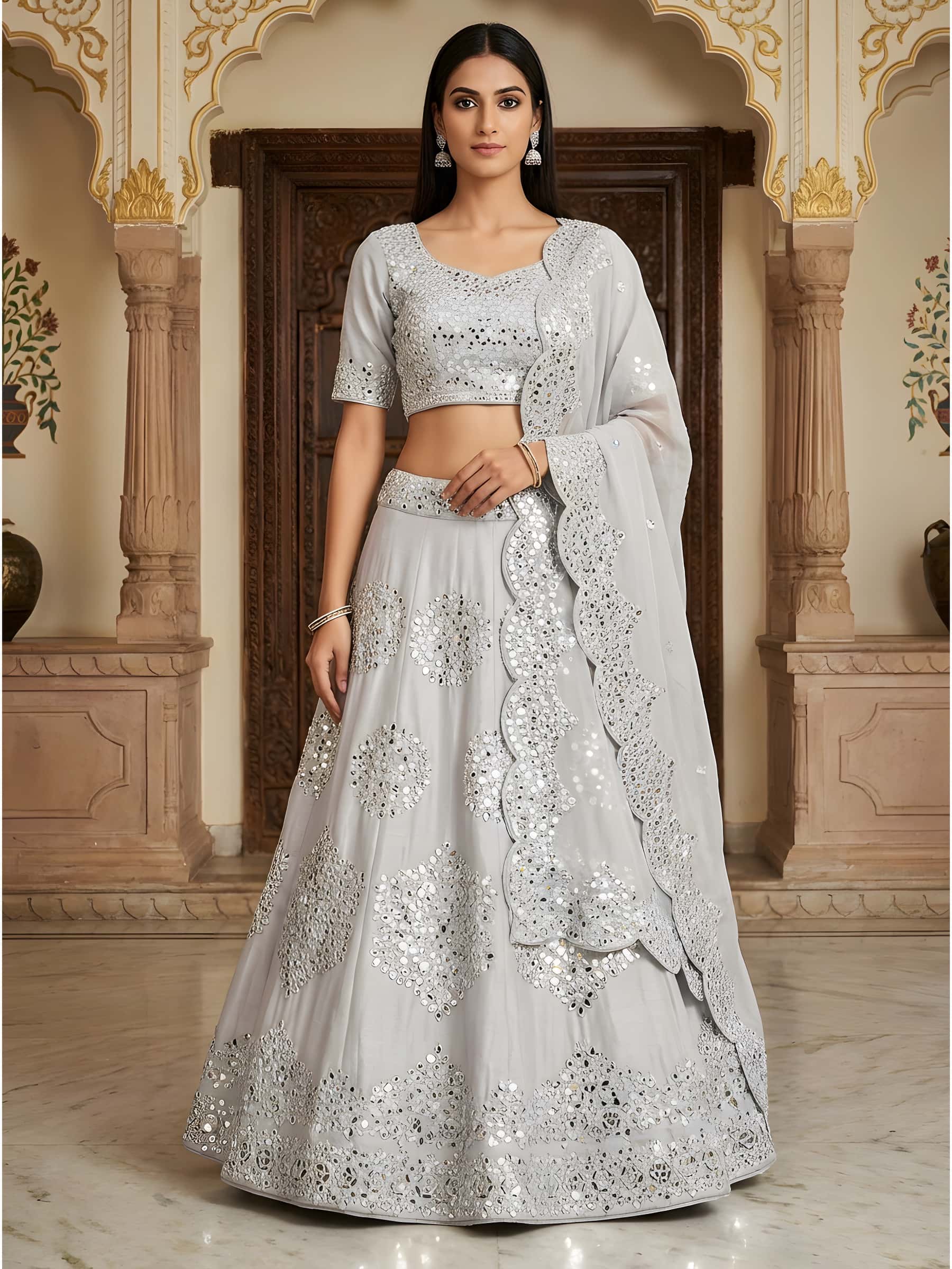 Sparkling Silver Wedding Lehenga Set - Image 1