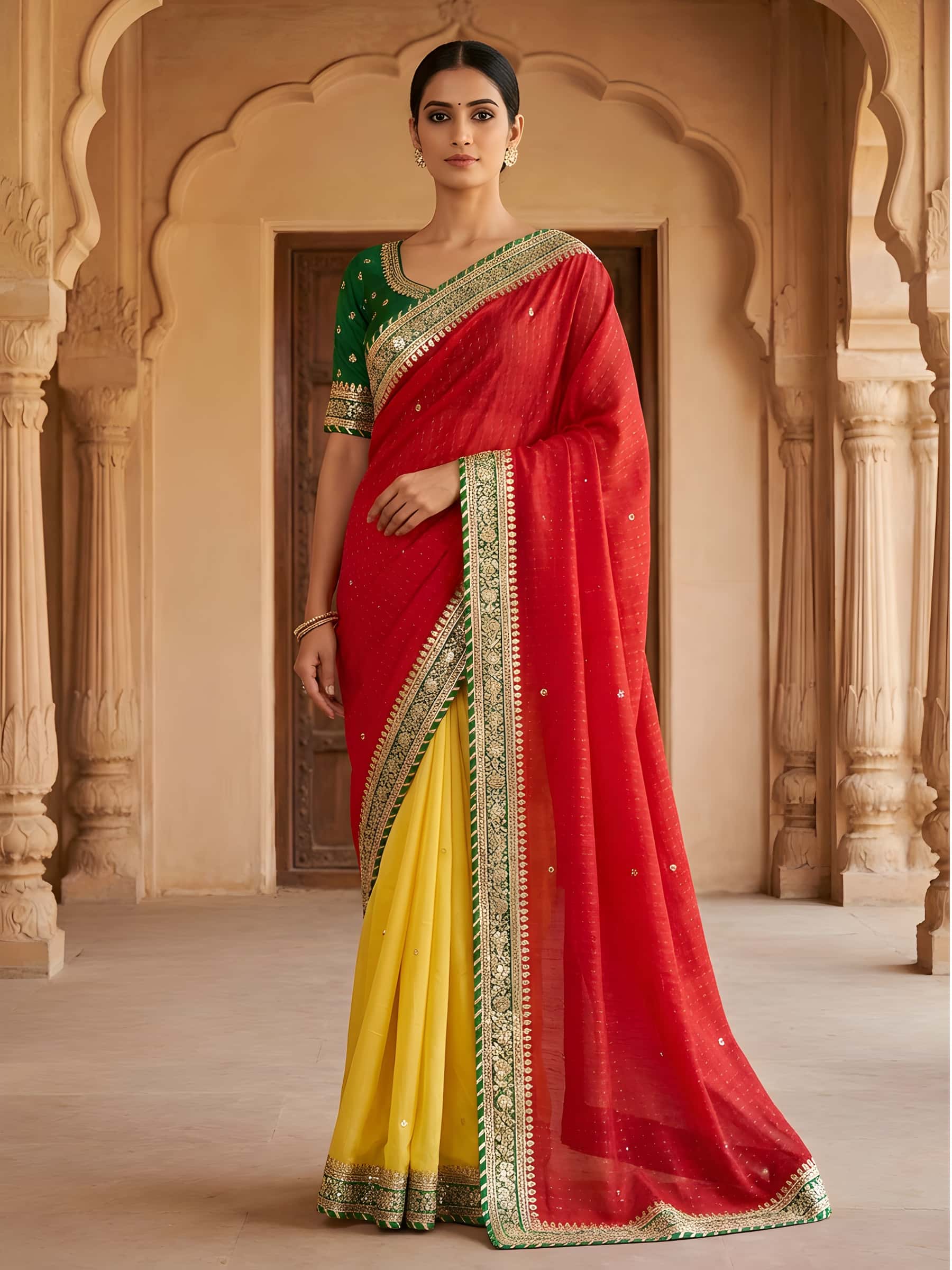 Stylish Half Half Yellow Red Gota Leheriya Saree - Image 1