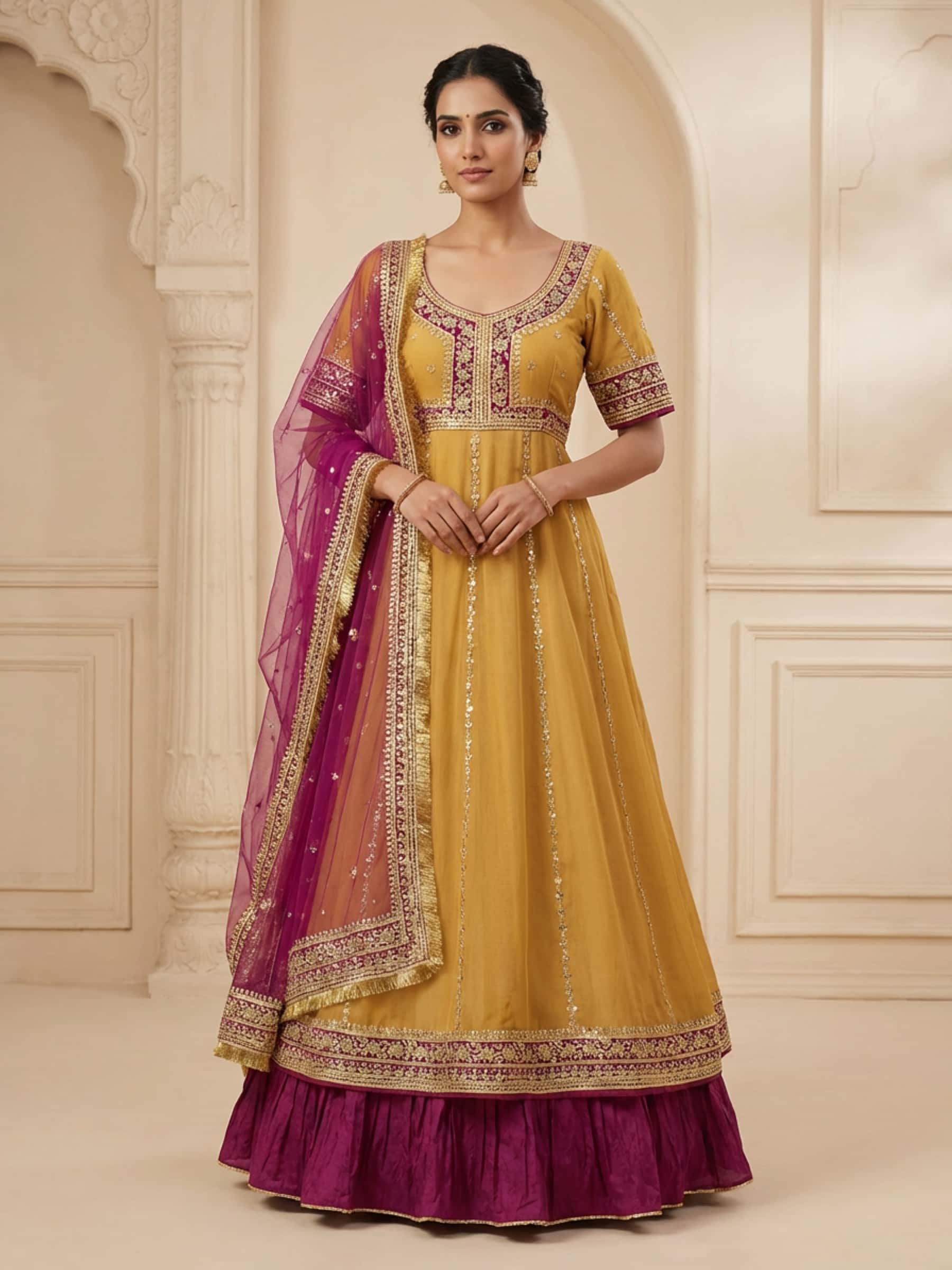 Sunshine n Wine Semi Anarkali with Gota Patti Charm - Image 1
