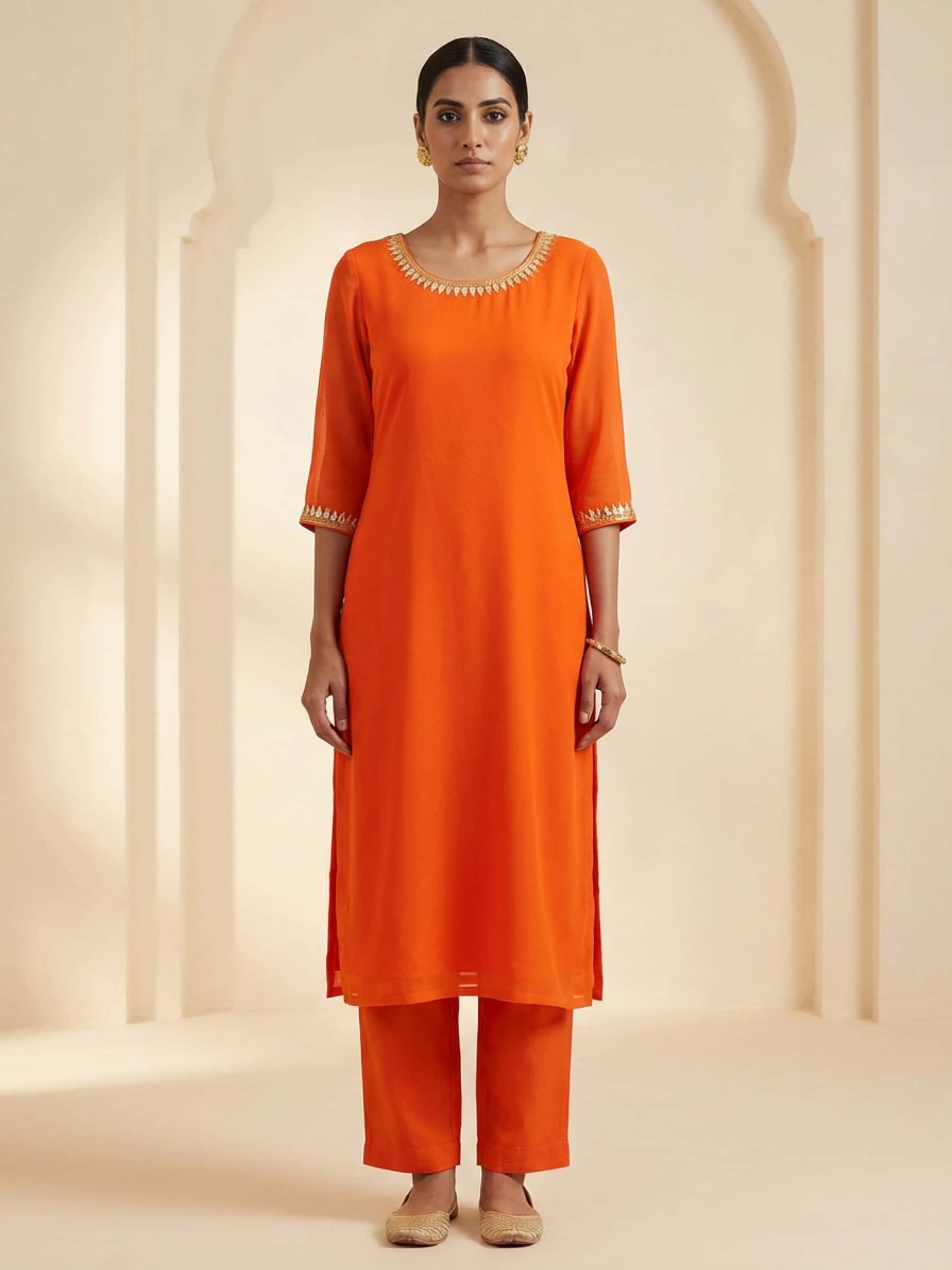 Tangy Orange Pure Georgette Kurti with Marodi Work