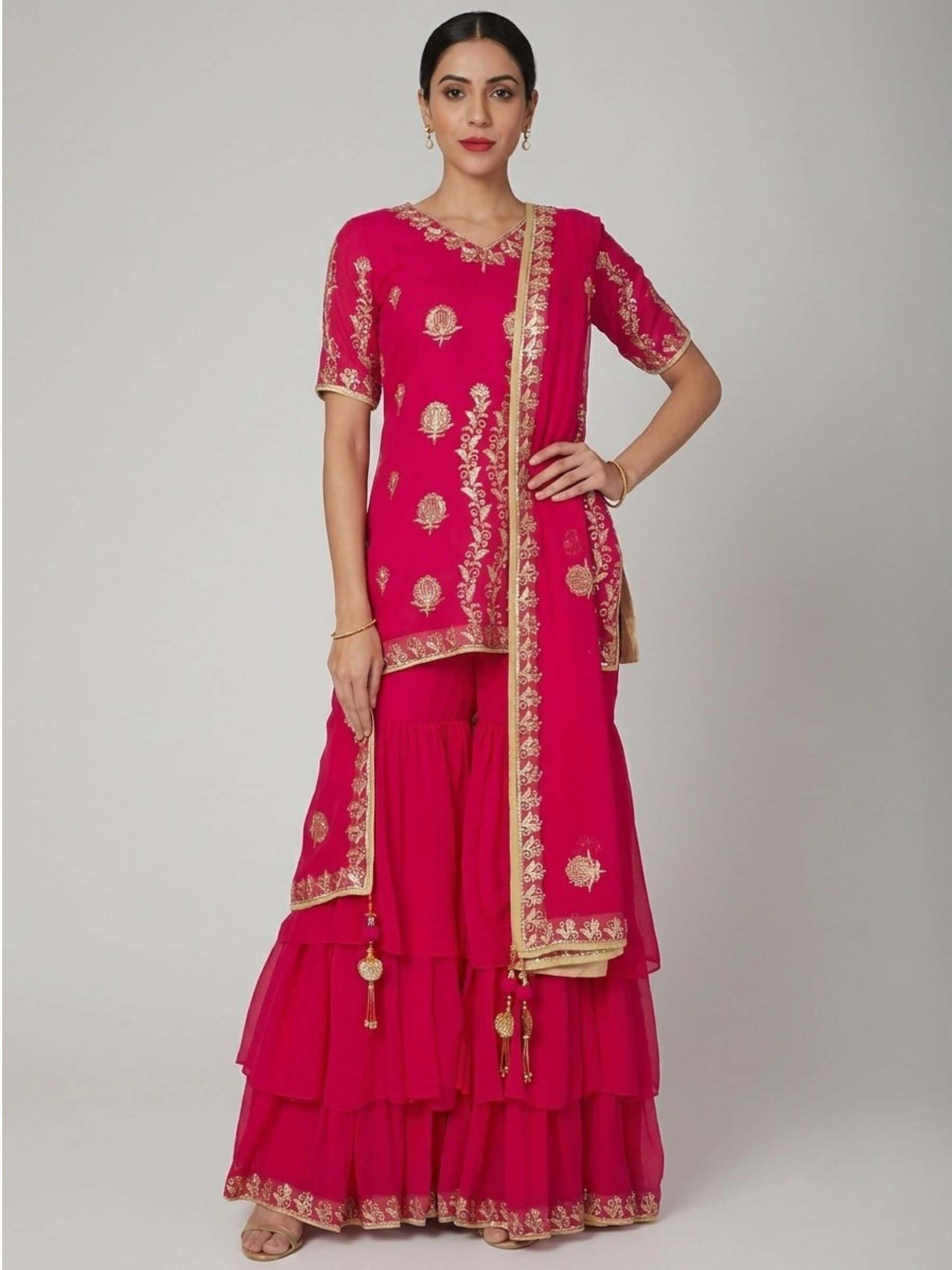 Vibrant Pink Aari Handworked Garara Set - Image 1