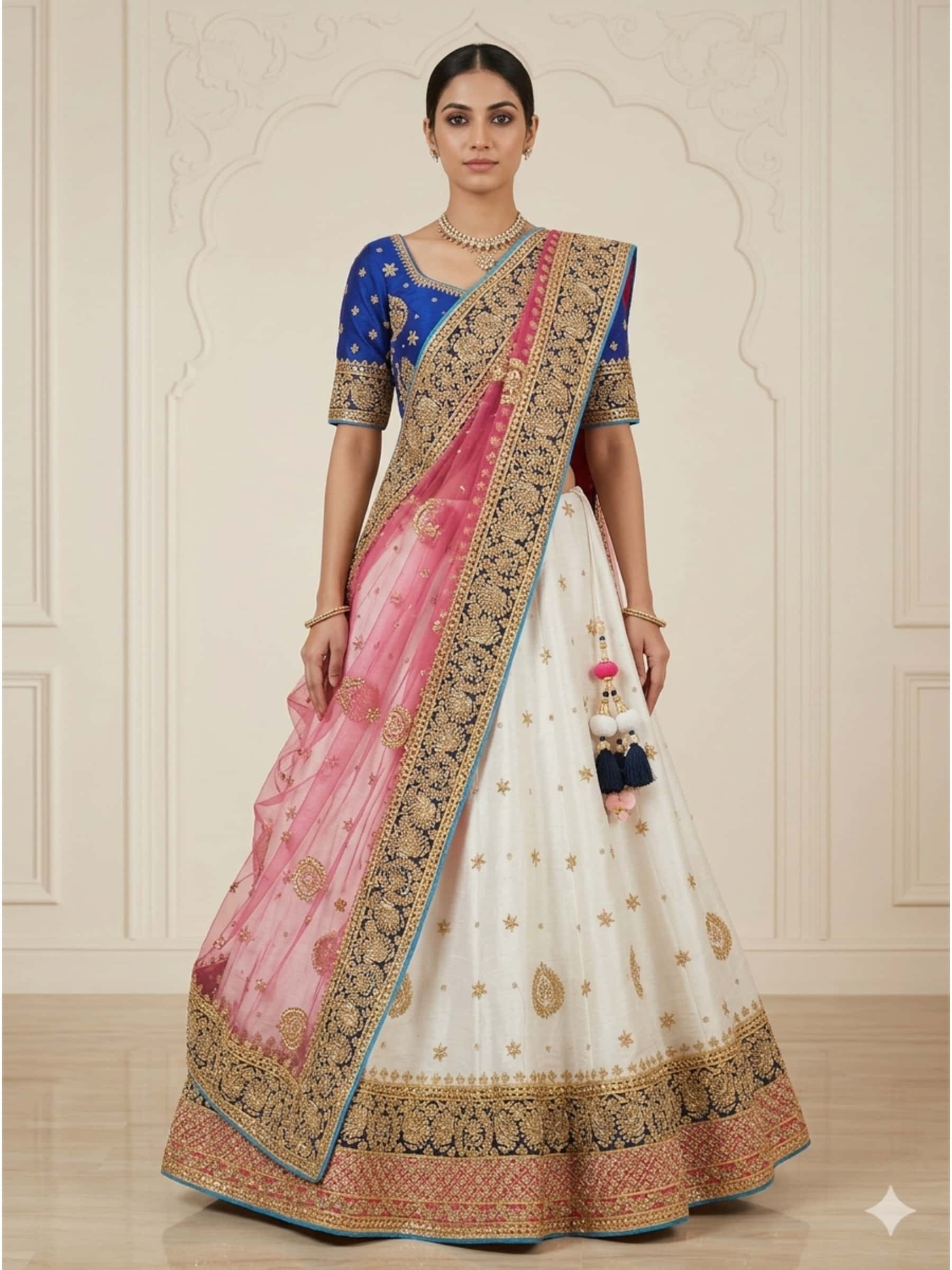 White Couture Gota Patti Lehenga in Blue Pink Contrast - Image 1
