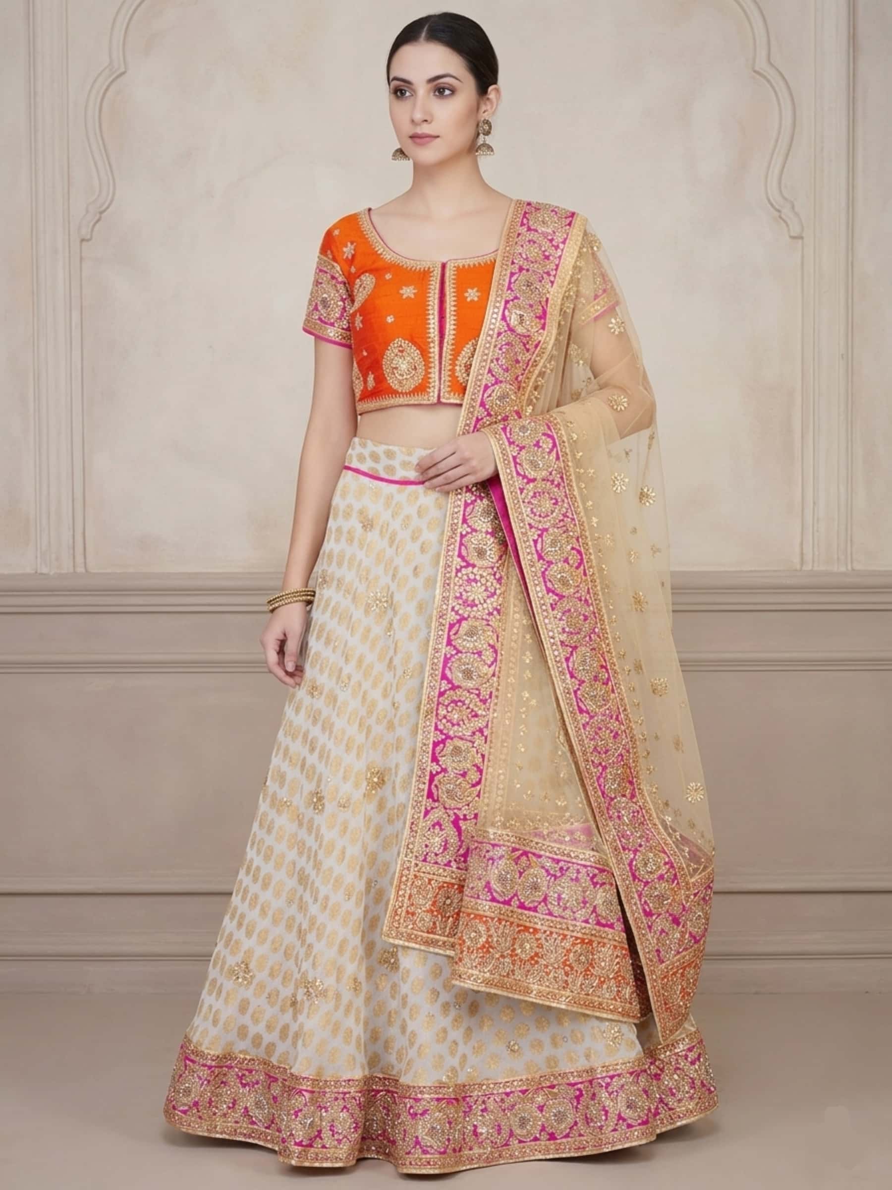 White Embroidered Banarasi Lehenga and Blouse Set - Image 1