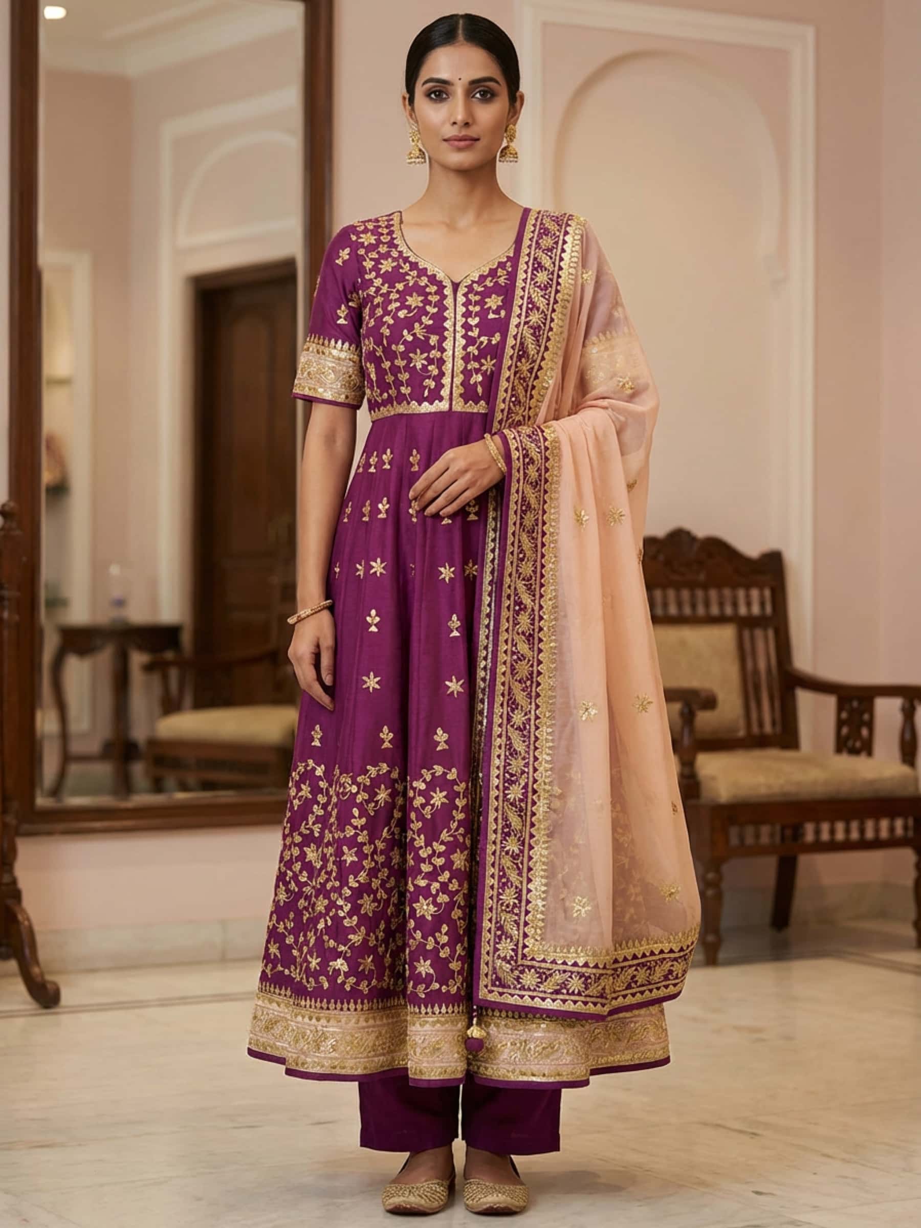 Wine Floor Length Dress in Beautiful Gota Work - Image 1