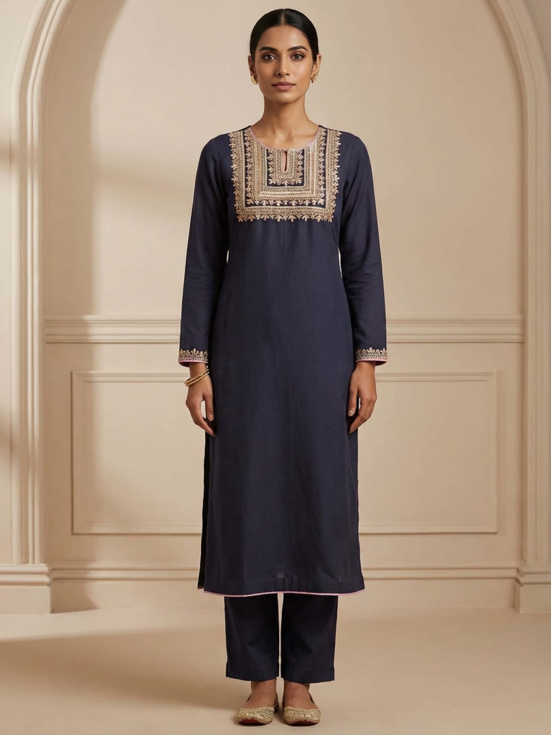 Zardozi Resham Work Deep Blue Rich Neckline Kurti - Image 1