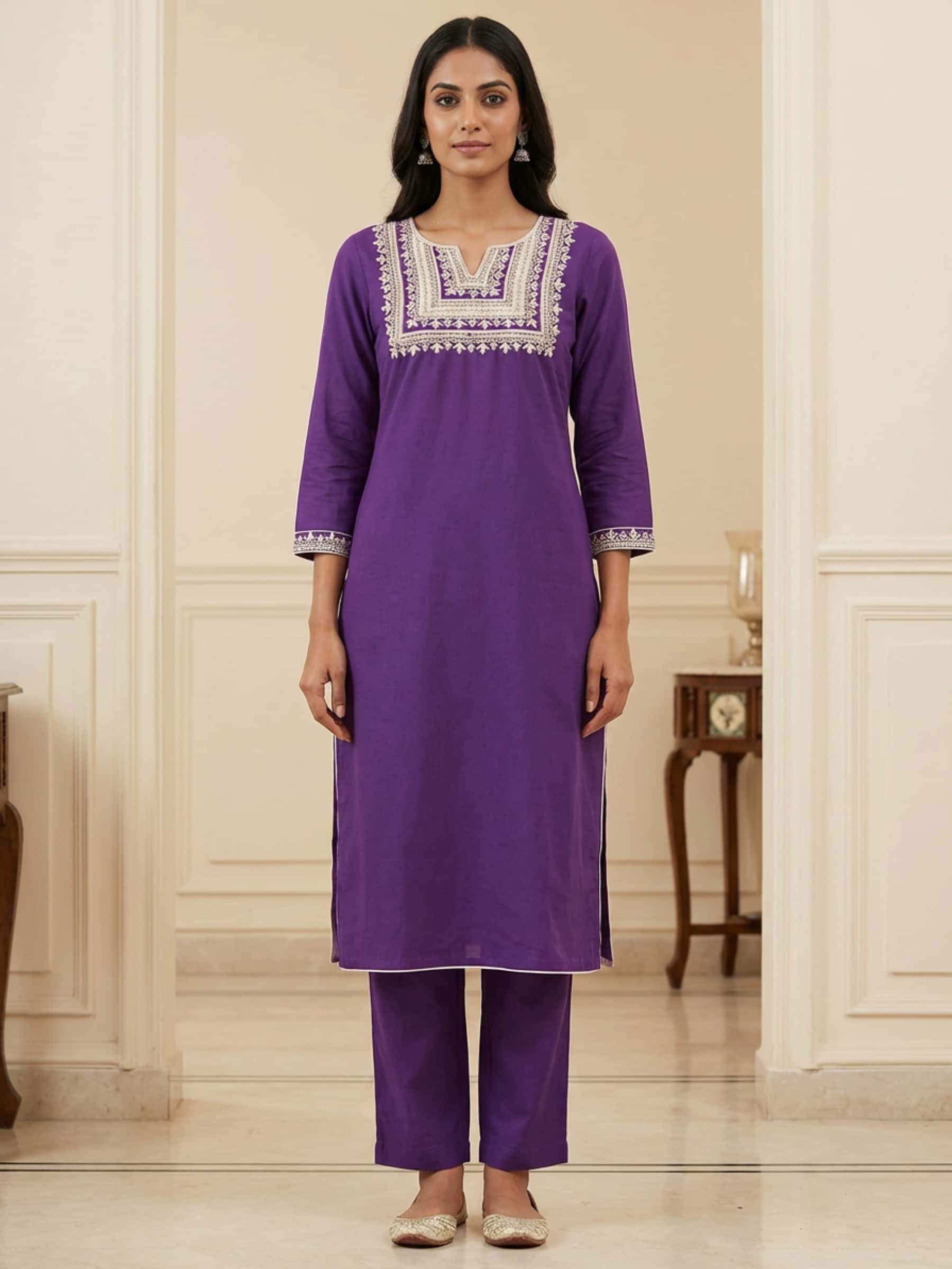 Zardozi Resham Work Purple Rich Neckline Kurti