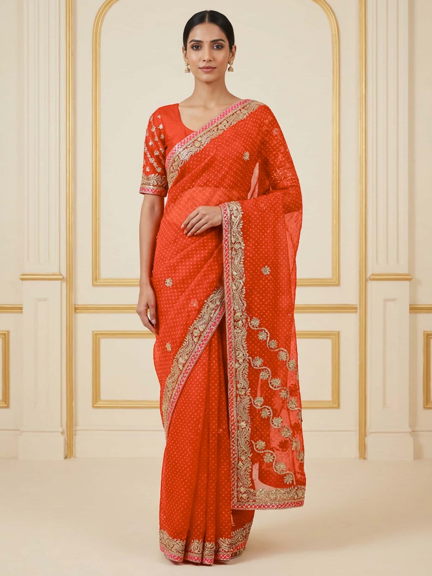 Zero Patti Combination Orange Mothda Saree - Image 1