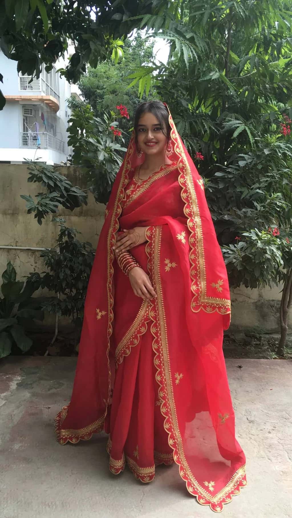 Bridal Saree in Red Organza with Marodi Work - Image 1
