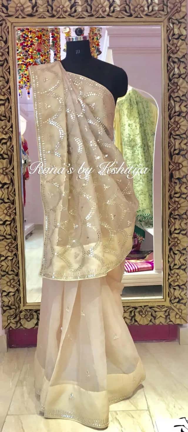 Designer Gota Jaal Saree in Chikoo Color in Pure Organza - Image 1