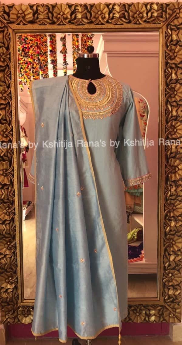 Designer Rich Neckline Worked Blue Salwar Suit - Image 1