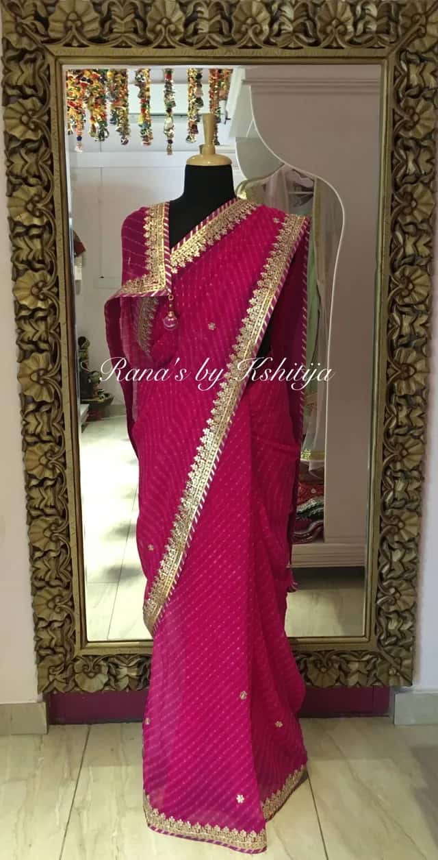 Fine Handworked Rani Leheriya Saree - Image 1