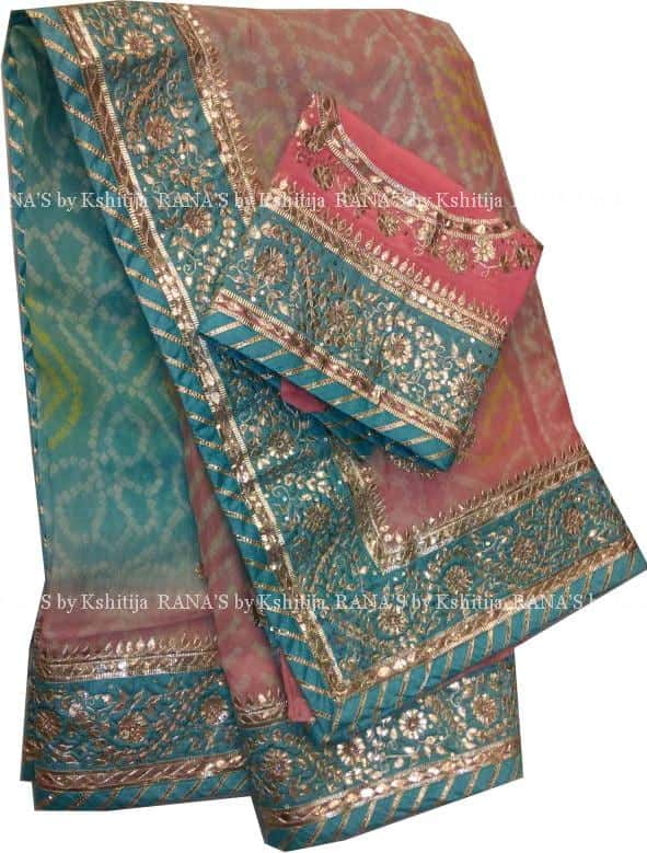 Peach Blue Shaded Bandhej Saree - Image 1