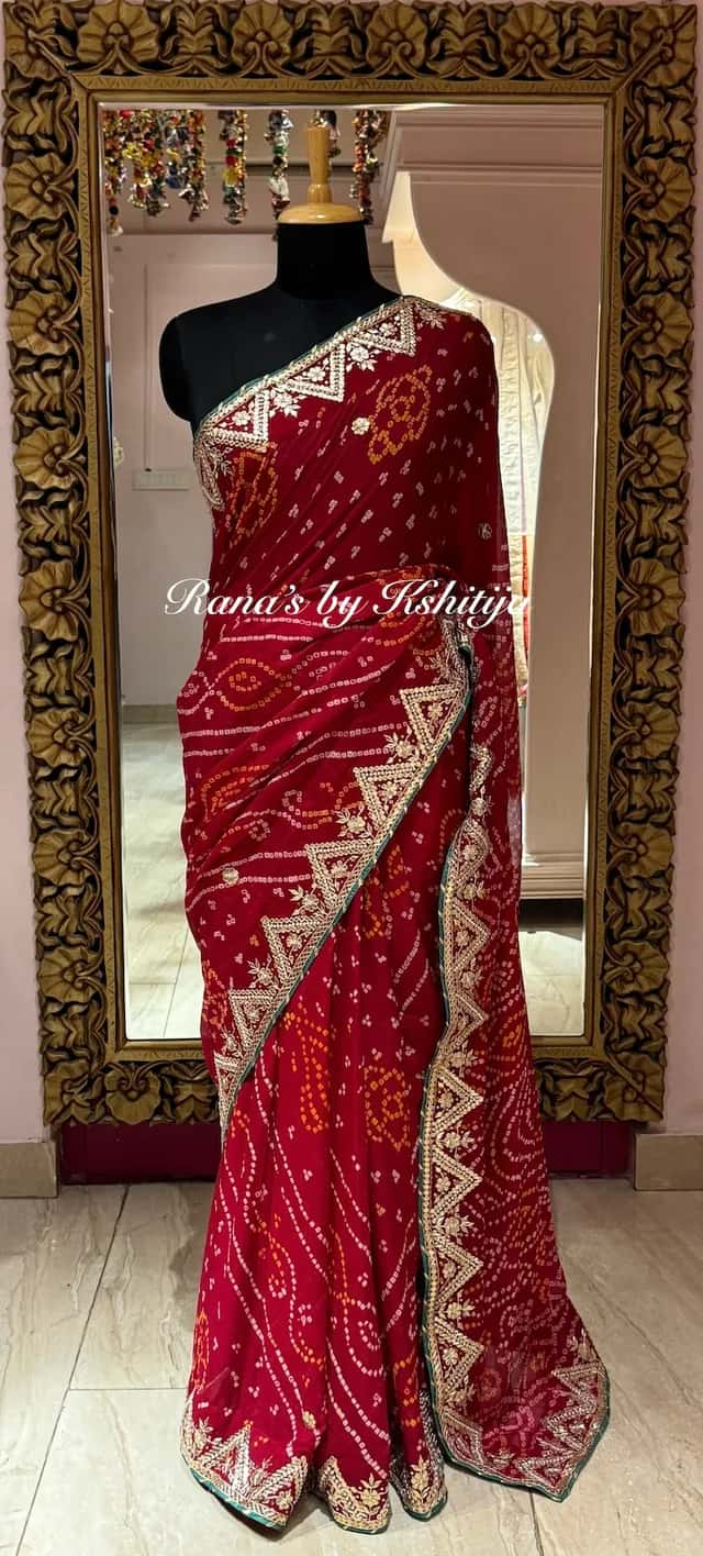 Pearl Gota Work Deep Red Bandhani Saree - Image 1