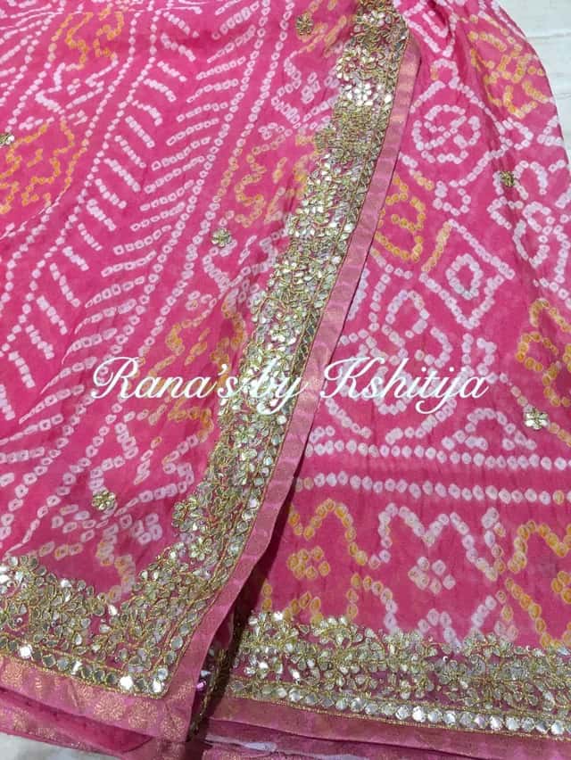 Pearl Pink Rai Bandhej Saree with Gota Work on Pure Georgette - Image 1