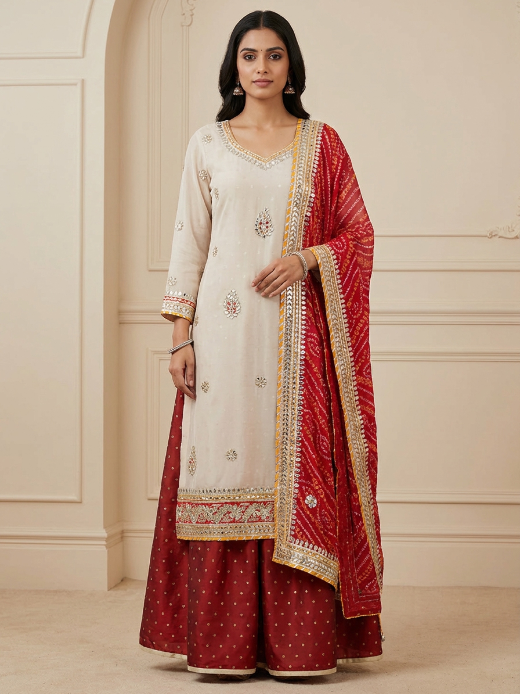 strapless open back dress Plus Size Red Bandhani Angrakha Rayon Midi Dress – DESINOOR.COM main image 1