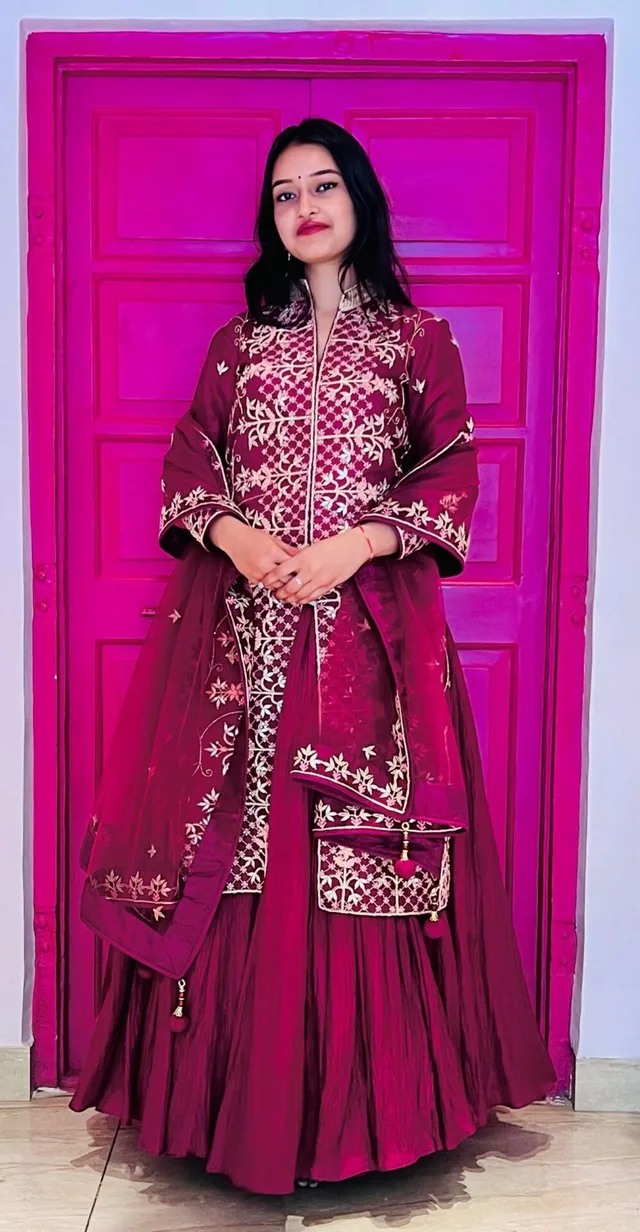 Designer Cherry Silk Dress Set - Size 34