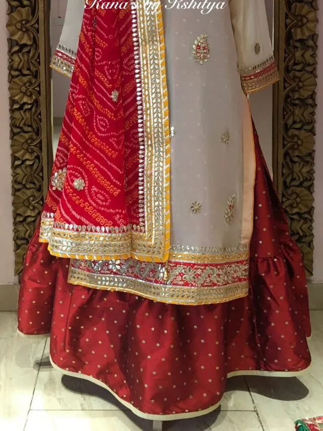 Designer Light Beige Red Bandhani Dress Set | Rana's by Kshitija
