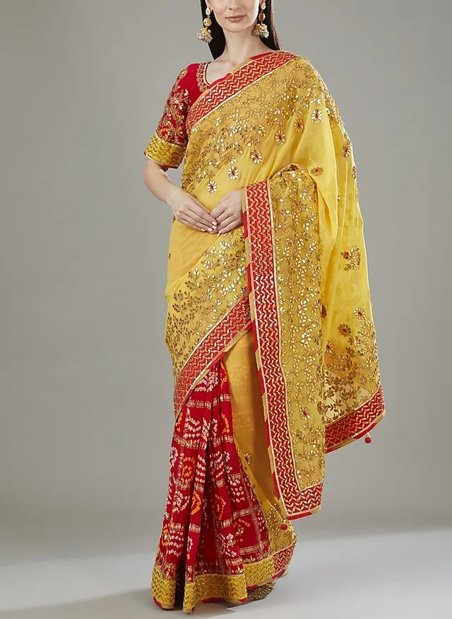 Designer Patli Pallu Handmade Saree in Red and Yellow thumbnail 2