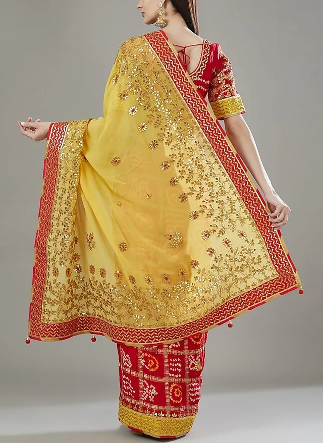 Designer Patli Pallu Handmade Saree in Red and Yellow thumbnail 3