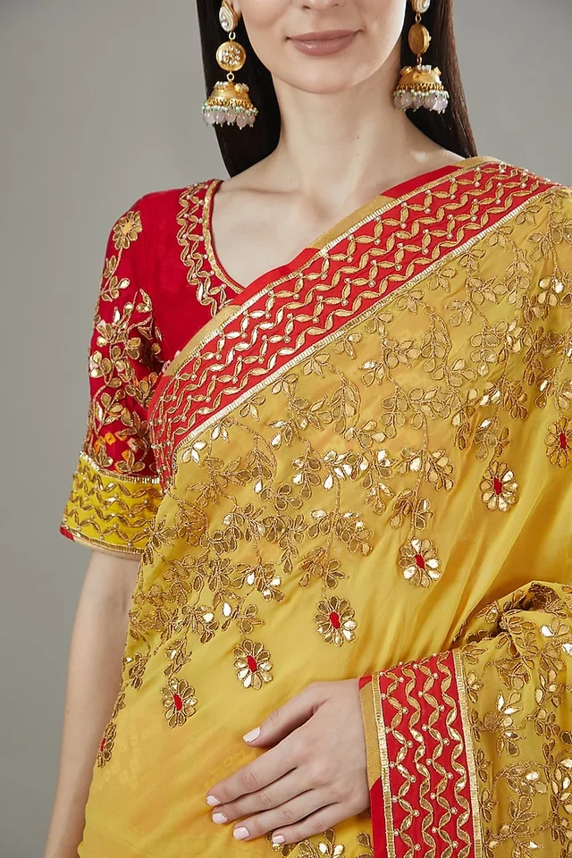 Designer Patli Pallu Handmade Saree in Red and Yellow thumbnail 4