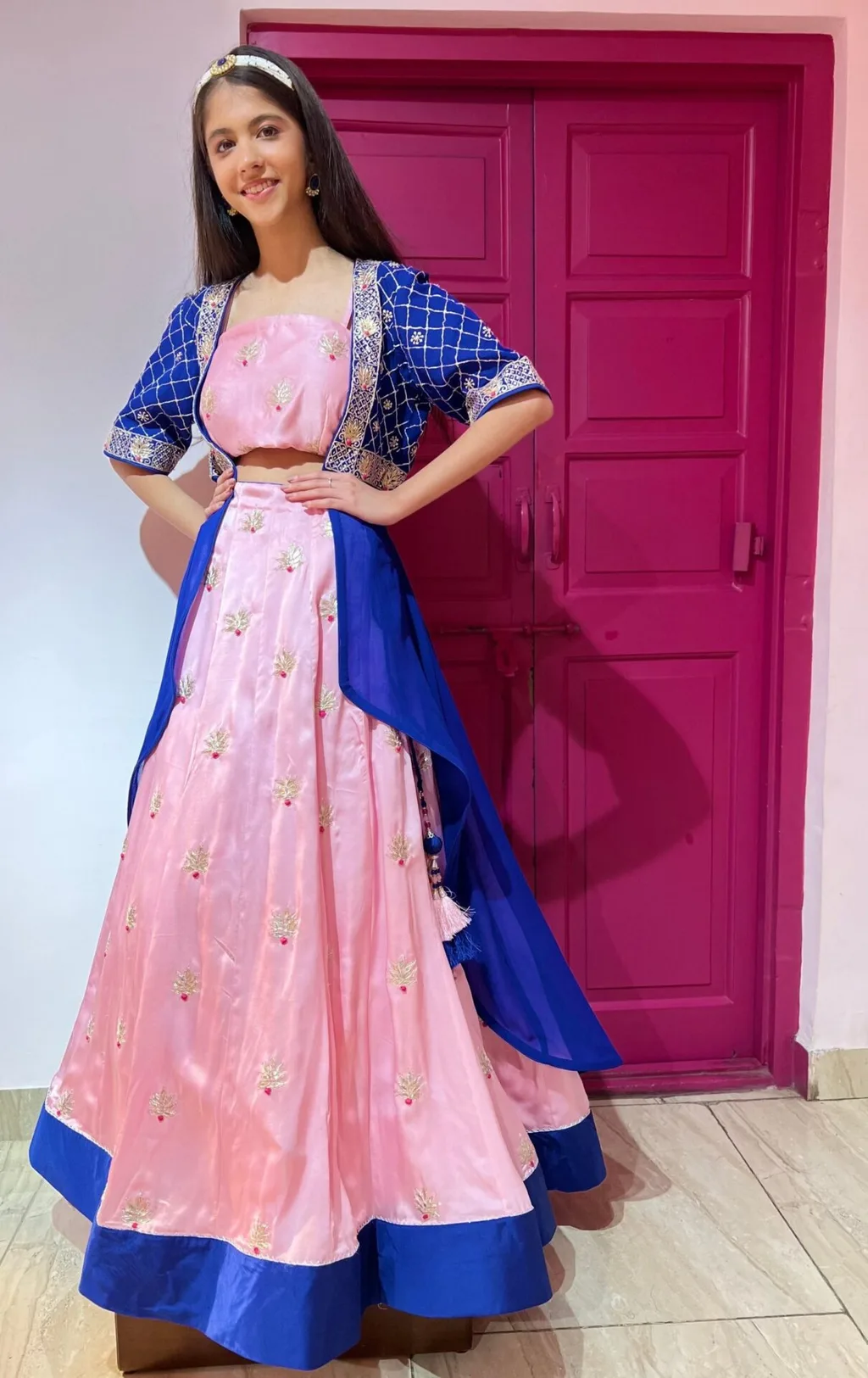 Pink Skirt Dress Set with Blue Jacket | Rana's by Kshitija