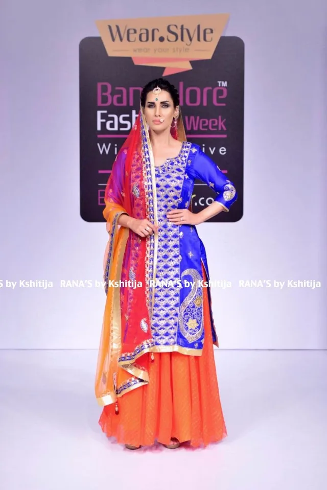Royal Blue and Orange Kurta Skirt Style Dress thumbnail 5