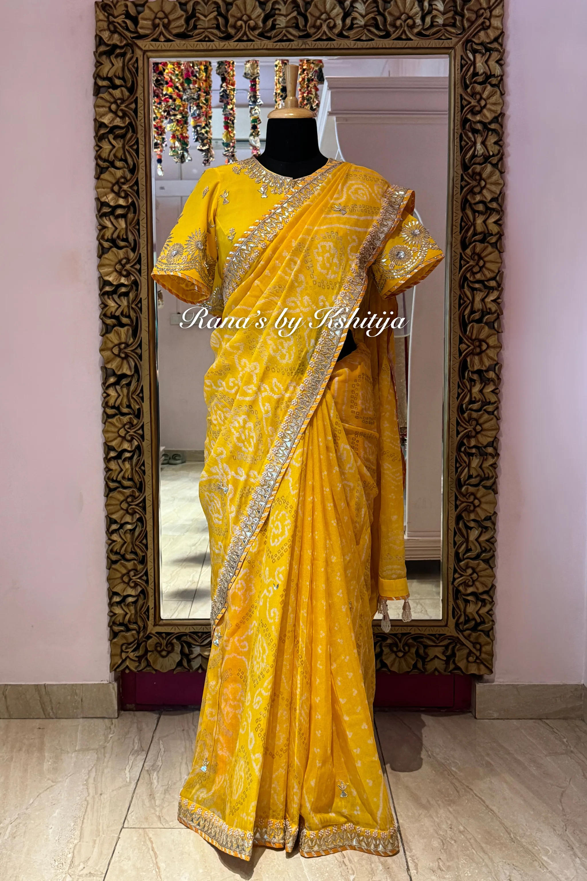 Yellow Bandhani Saree in Handwork thumbnail 3