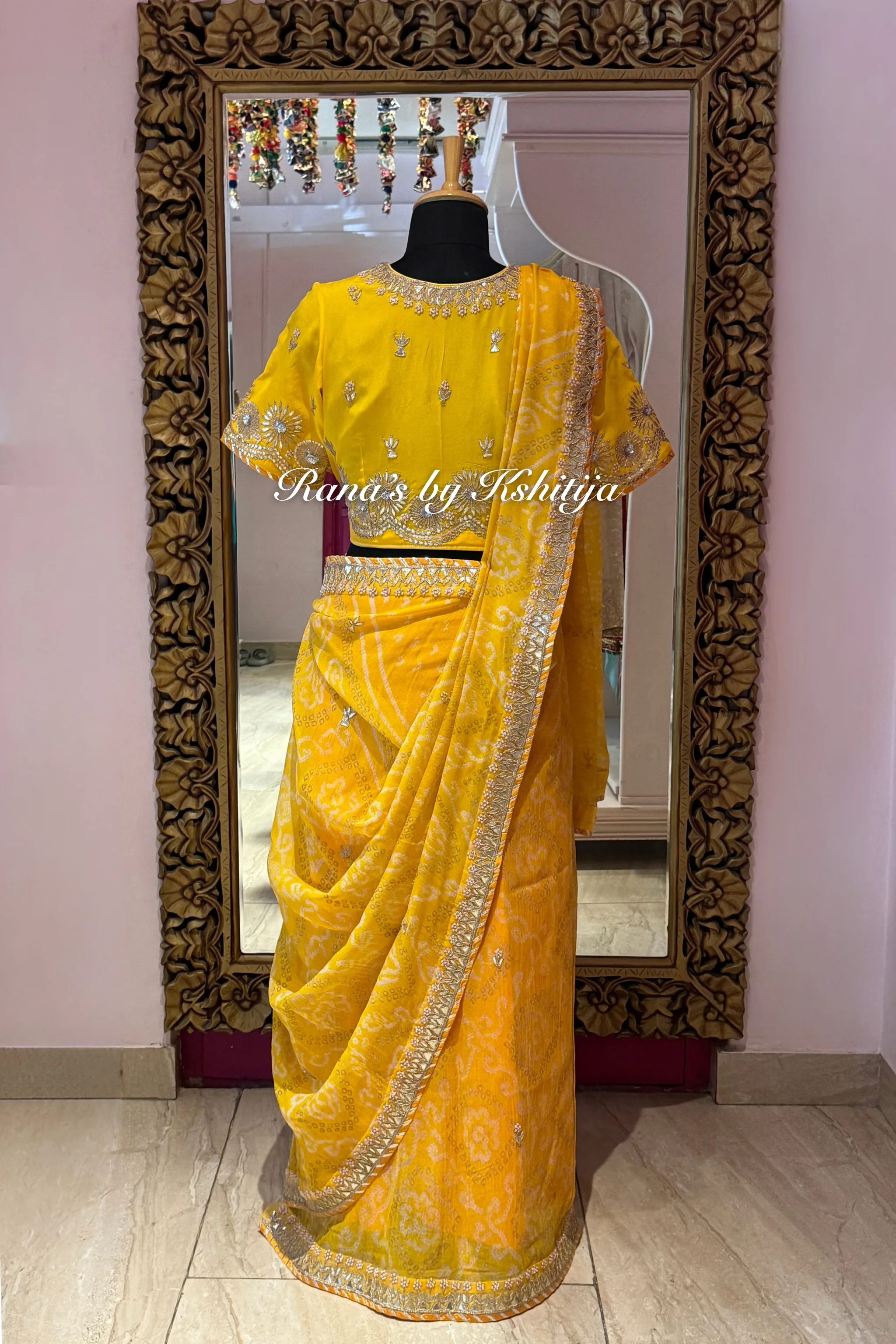 Yellow Bandhani Saree in Handwork thumbnail 4