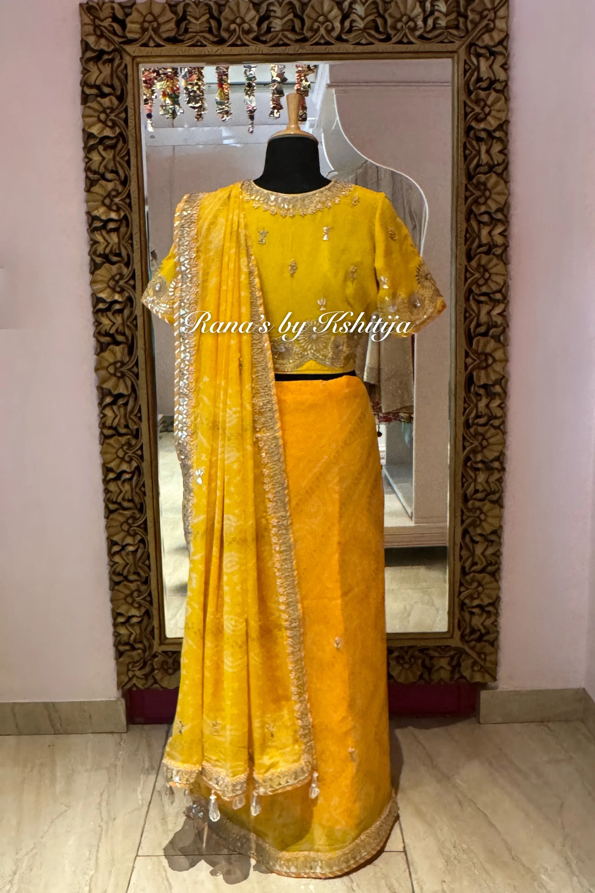 Yellow Bandhani Saree in Handwork thumbnail 5