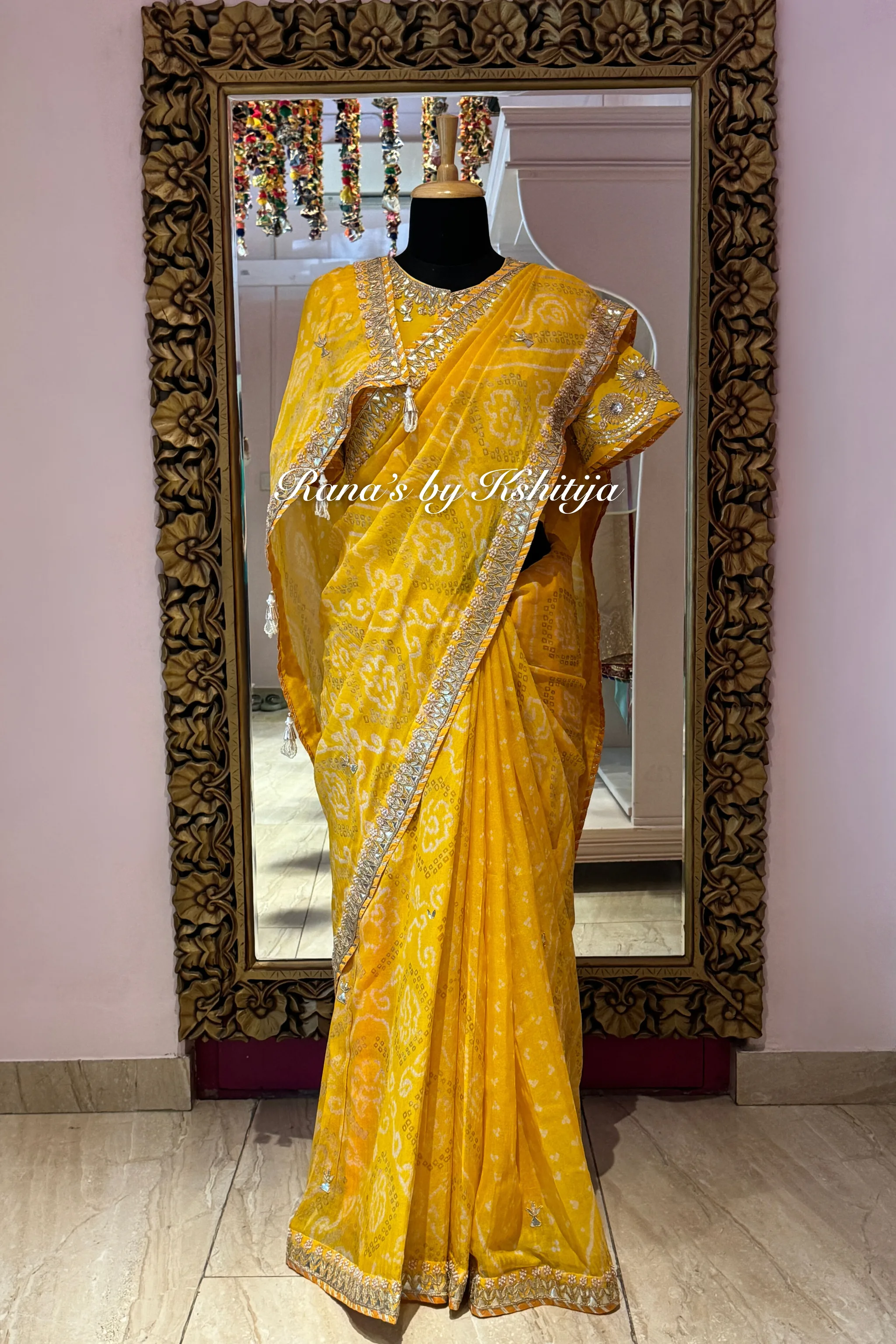Yellow Bandhani Saree in Handwork thumbnail 6