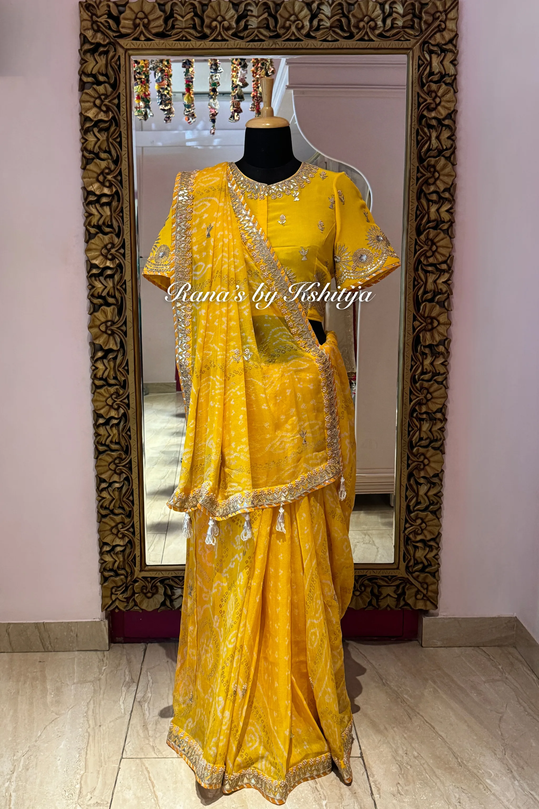 Yellow Bandhani Saree in Handwork thumbnail 7