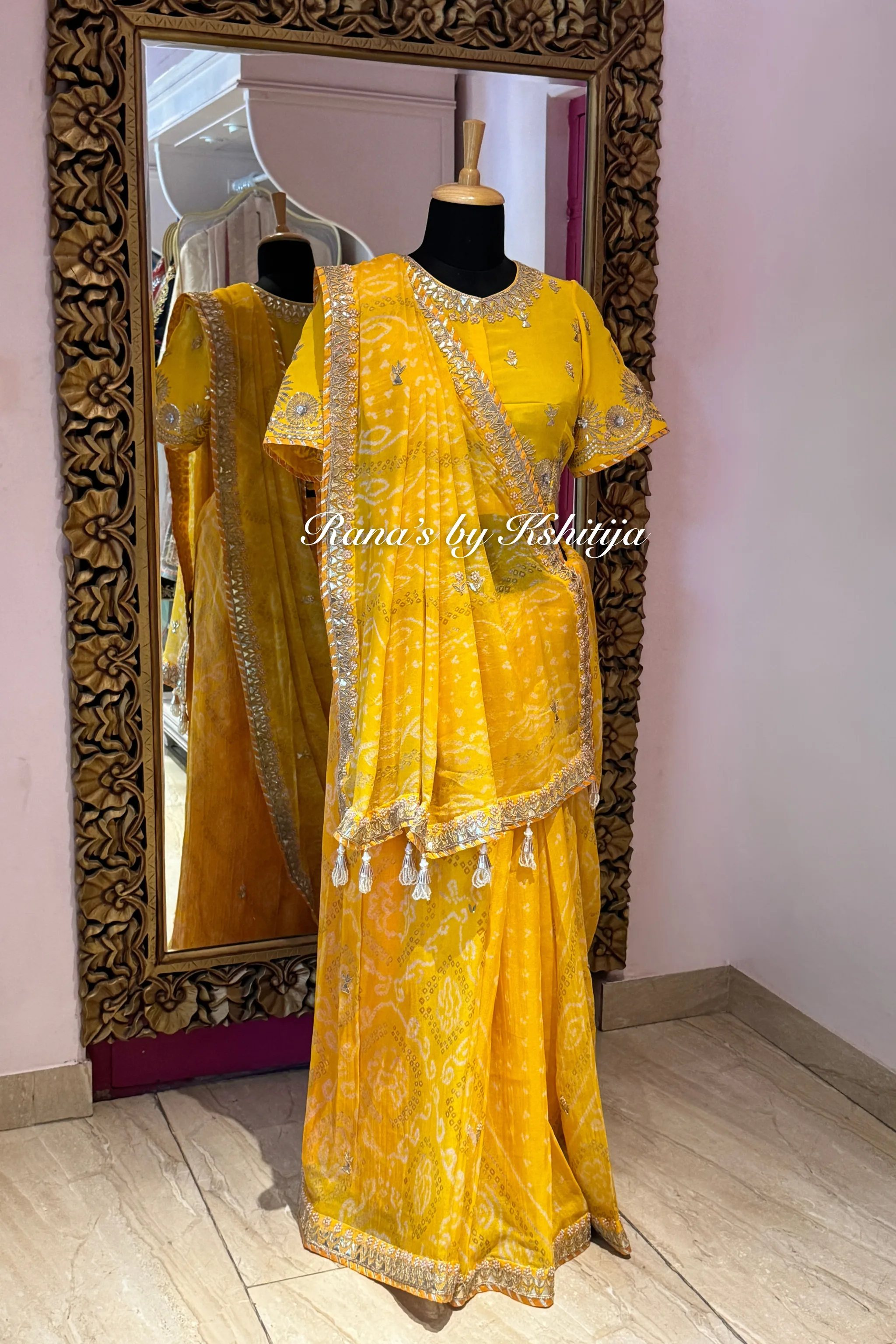 Yellow Bandhani Saree in Handwork thumbnail 8