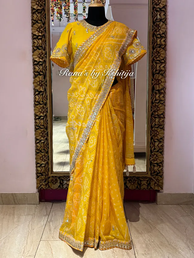 Yellow Bandhani Saree in Handwork thumbnail 2